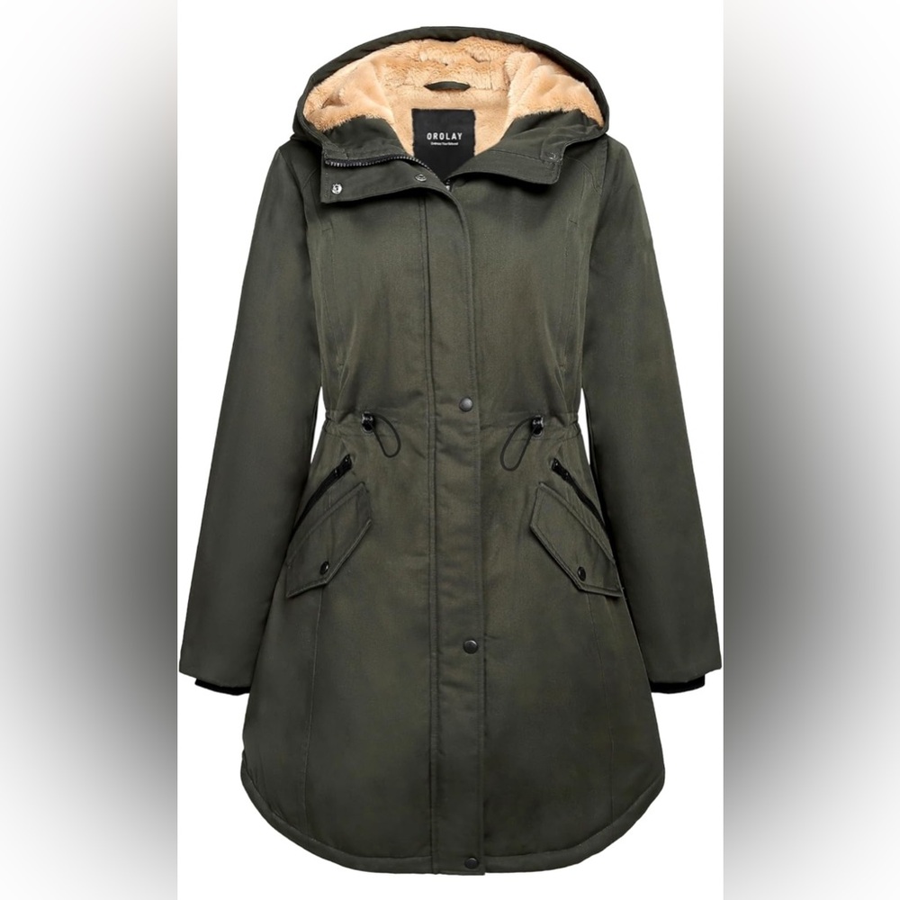 NWT Orolay Women's L Super soft & warm fleece olive Green Snow Parka long Jacket
